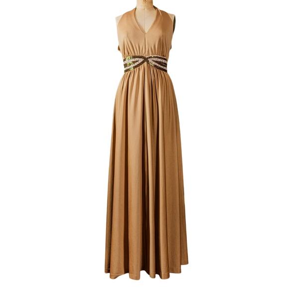 VTG 70s Lee Jordan Halter Maxi Dress Tan Rhinestone Evening Gown, Glam Disco M L - Picture 10 of 16